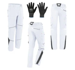 Malerhose Arbeitshose Hose Arbeitsbundhose weiß-grau IQONIC + Arbeitshandschuhe