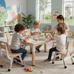 MAMIZO Kindertisch mit 4 Stühlen, höhenverstellbar, für Kinderzimmer, Gelb