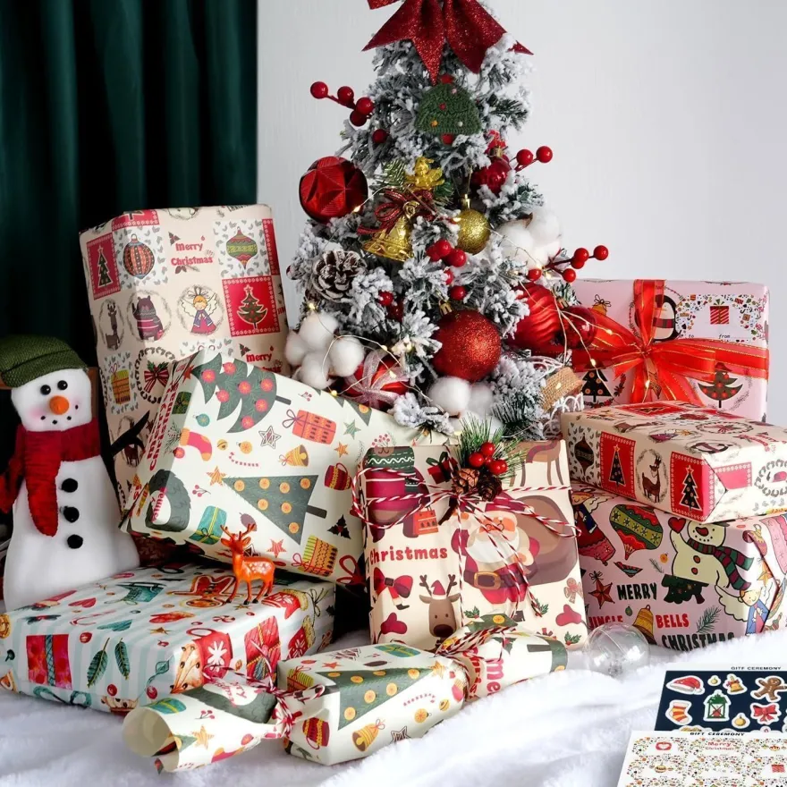 MAMUNU Geschenkpapier Weihnachten Set, 6 Blatt Rosa Kraftpapier (50x70cm) mit