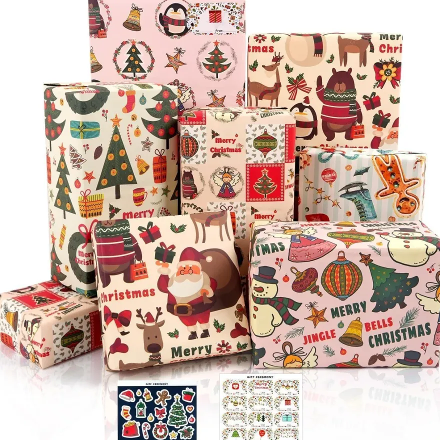 MAMUNU Geschenkpapier Weihnachten Set, 6 Blatt Rosa Kraftpapier (50x70cm) mit