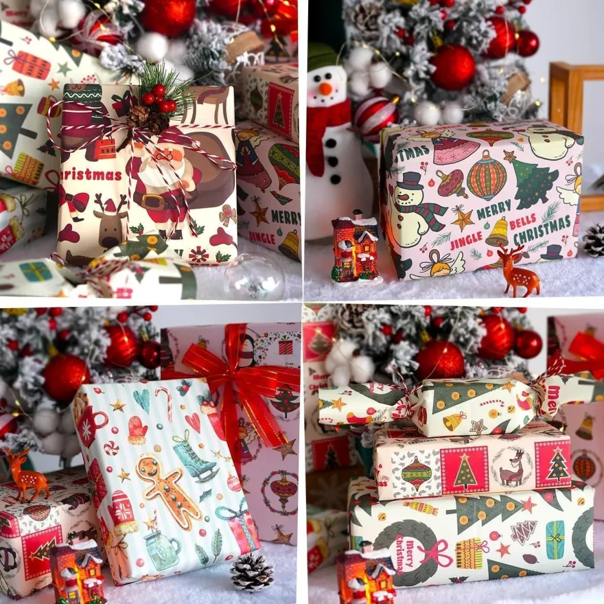 MAMUNU Geschenkpapier Weihnachten Set, 6 Blatt Rosa Kraftpapier (50x70cm) mit