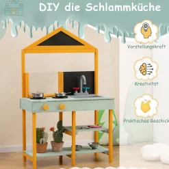 Matschküche Kinder Outdoor, Kinderküche Holz mit Pflanzbehölter & 2 Kreidetafeln