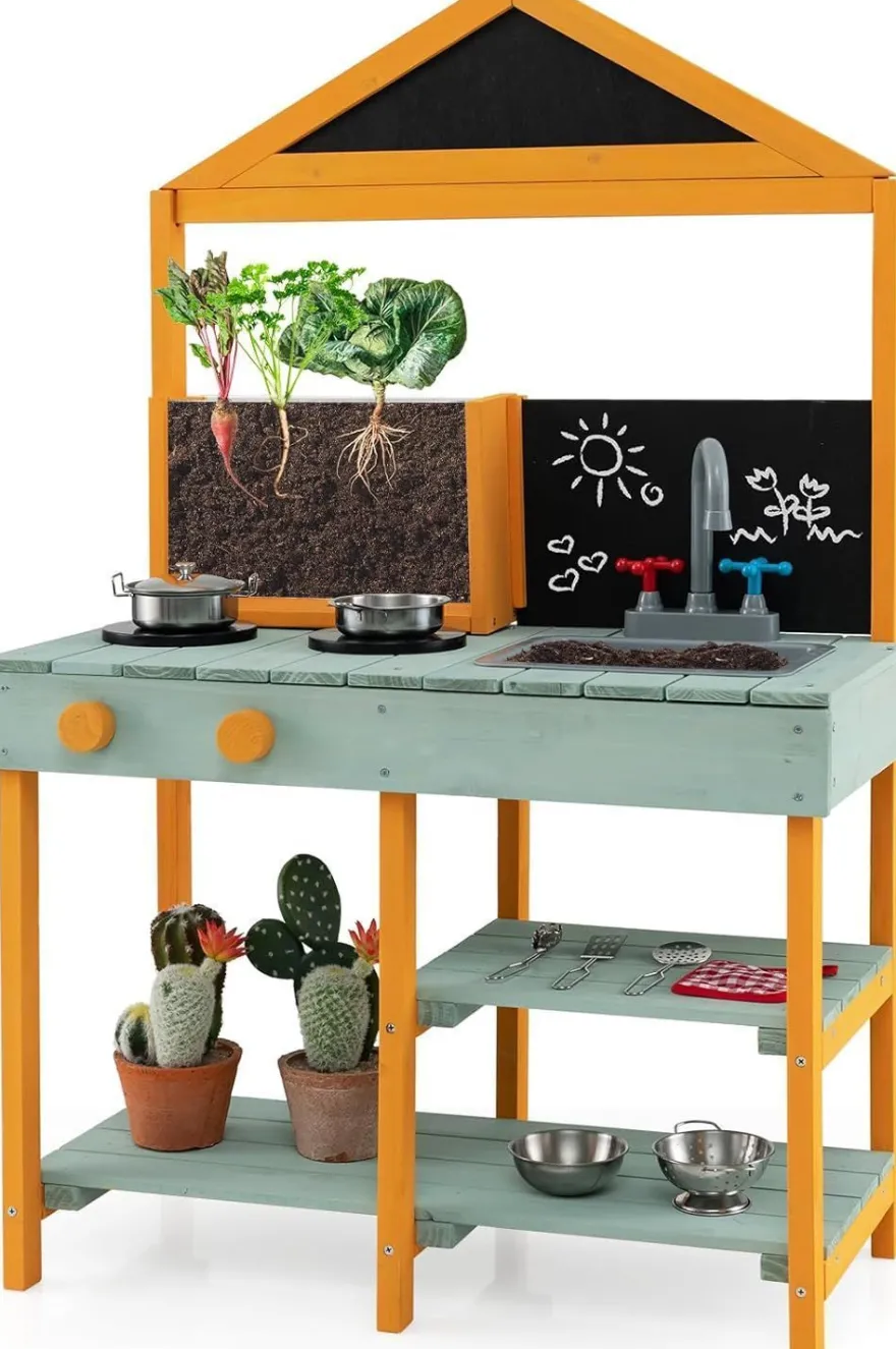 Matschküche Kinder Outdoor, Kinderküche Holz mit Pflanzbehölter & 2 Kreidetafeln