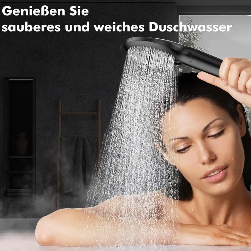 MEKO Hochdruck Duschkopf mit Filter 3 Strahlarten Schwarz