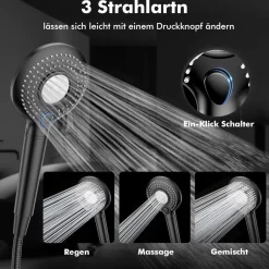 MEKO Hochdruck Duschkopf mit Filter 3 Strahlarten Schwarz