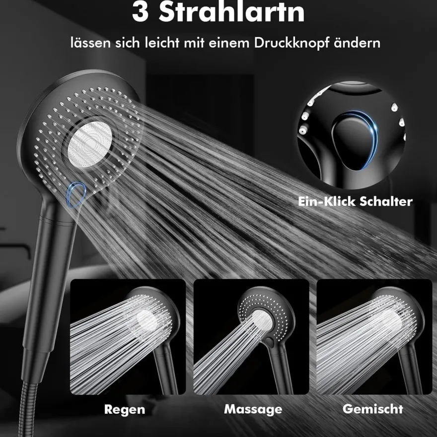 MEKO Hochdruck Duschkopf mit Filter 3 Strahlarten Schwarz