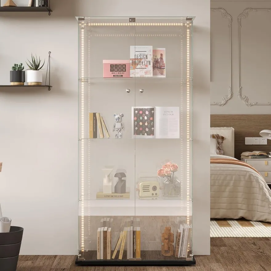 MGMYM Glasvitrine Standvitrine mit abschließbarer Tür, 4 Lagen