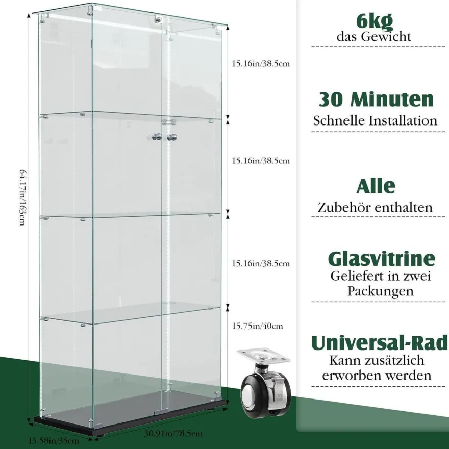 MGMYM Glasvitrine Standvitrine mit abschließbarer Tür, 4 Lagen