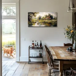 MHARTK66 Landgeflügel Leinwandbild 50x100 cm - Bauernhof am Flussufer Wandbild