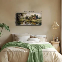MHARTK66 Landgeflügel Leinwandbild 50x100 cm - Bauernhof am Flussufer Wandbild