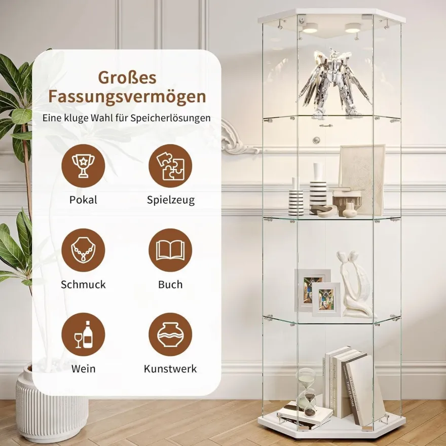 Mioosut Eckvitrine mit Glastüren und LED-Beleuchtung, 4 Ebenen, abschließbar