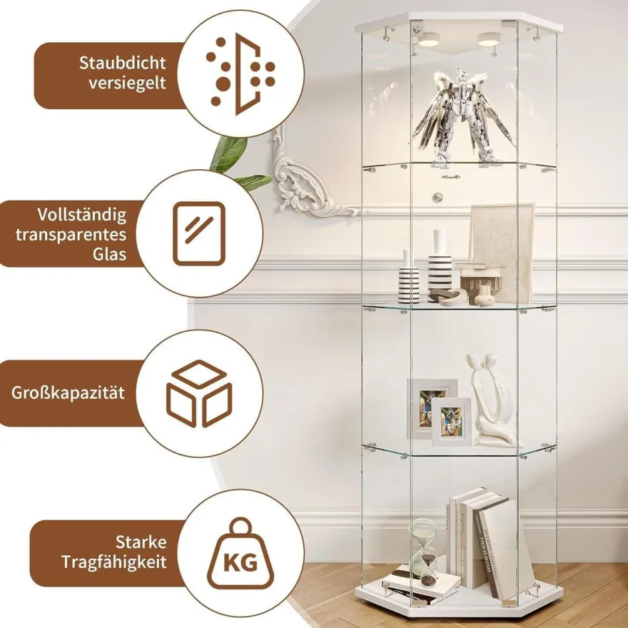 Mioosut Eckvitrine mit Glastüren und LED-Beleuchtung, 4 Ebenen, abschließbar