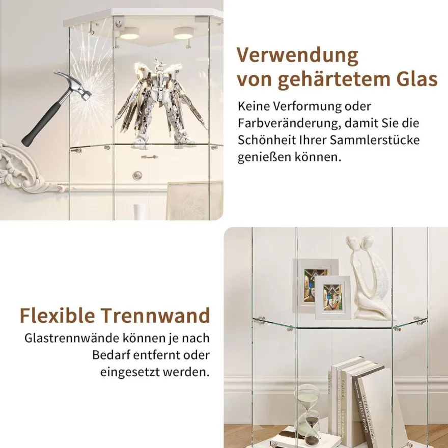 Mioosut Eckvitrine mit Glastüren und LED-Beleuchtung, 4 Ebenen, abschließbar