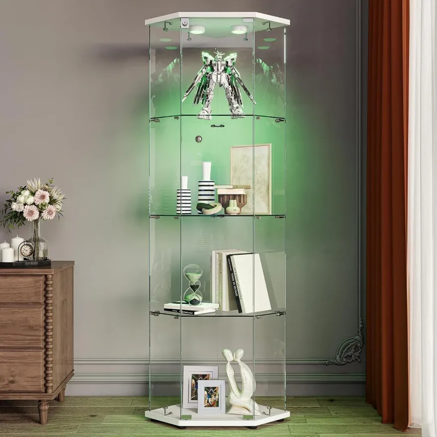 Mioosut Eckvitrine mit Glastüren und LED-Beleuchtung, 4 Ebenen, abschließbar