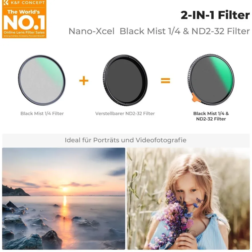 82mm Black-Mist 1/4 ND2-ND32 2in1 Filter Variable ND Filter & Promist Filter