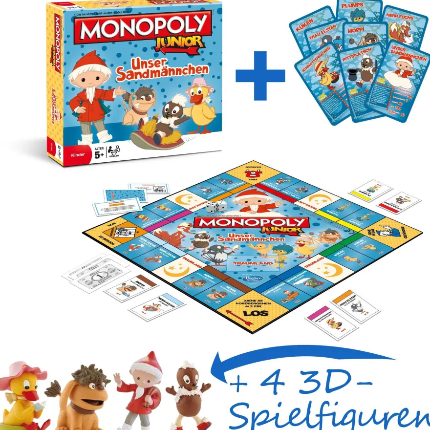 Monopoly Junior Unser Sandmännchen + 4 extra Spielfiguren Pittiplatsch Moppi NEU