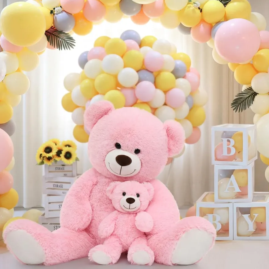 MorisMos Riesen Teddybär 100cm mit Babybär, XXL Kuscheltier für Mädchen, Rosa