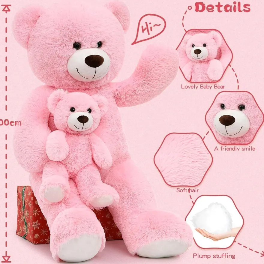MorisMos Riesen Teddybär 100cm mit Babybär, XXL Kuscheltier für Mädchen, Rosa