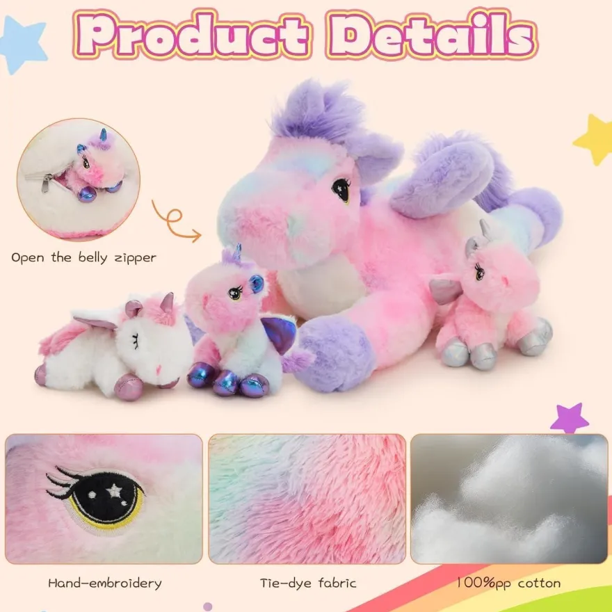 MorisMos XXL Einhorn Kuscheltier 50cm mit 3 Babys im Bauch, leuchtet im