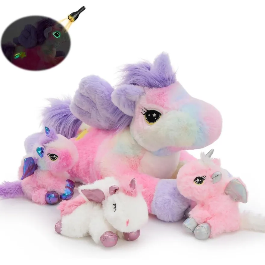 MorisMos XXL Einhorn Kuscheltier 50cm mit 3 Babys im Bauch, leuchtet im