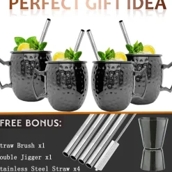 Moscow Mule Becher Set 4er Gunmetal Schwarz 550ml Trinkhalme Messbecher