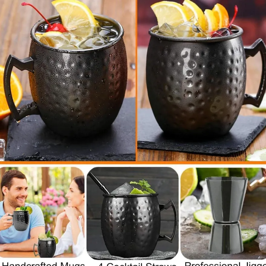 Moscow Mule Becher Set 4er Gunmetal Schwarz 550ml Trinkhalme Messbecher