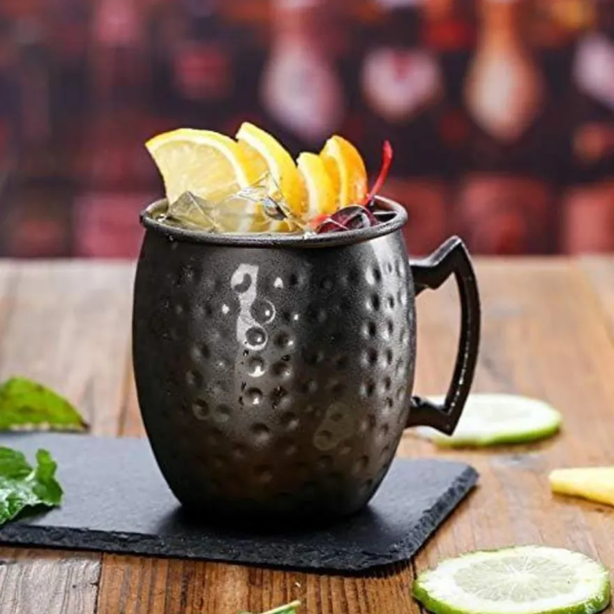 Moscow Mule Becher Set 4er Gunmetal Schwarz 550ml Trinkhalme Messbecher