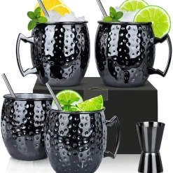 Moscow Mule Becher Set 4er Gunmetal Schwarz 550ml Trinkhalme Messbecher