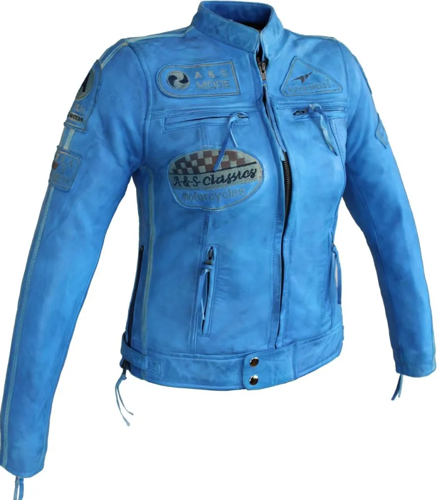 Motorrad Freizeit Damen Leder Jacke Biker Custom Lamm Leder Jacke Blau Protektoren