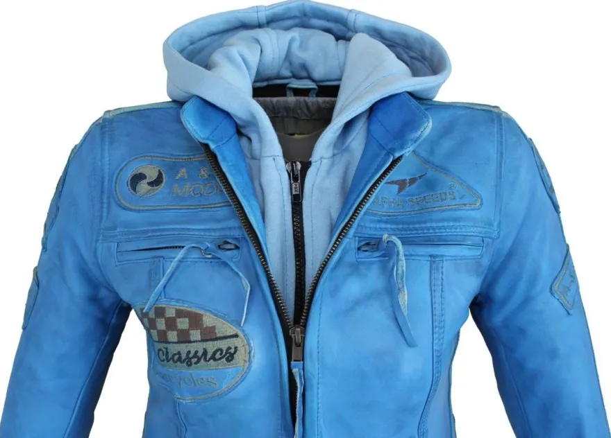Motorrad Freizeit Damen Leder Jacke Biker Custom Lamm Leder Jacke Blau Protektoren