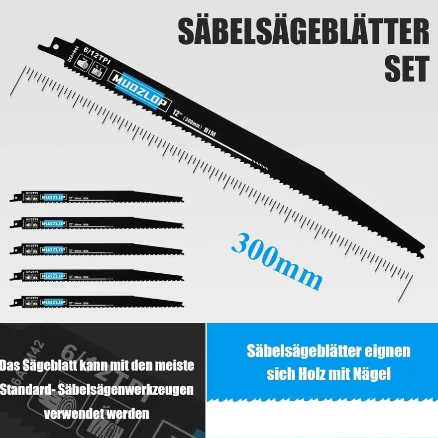Muozlop 5er Set Säbelsägeblätter 300mm, 6/12 TPI für Holz und Nägel, universell