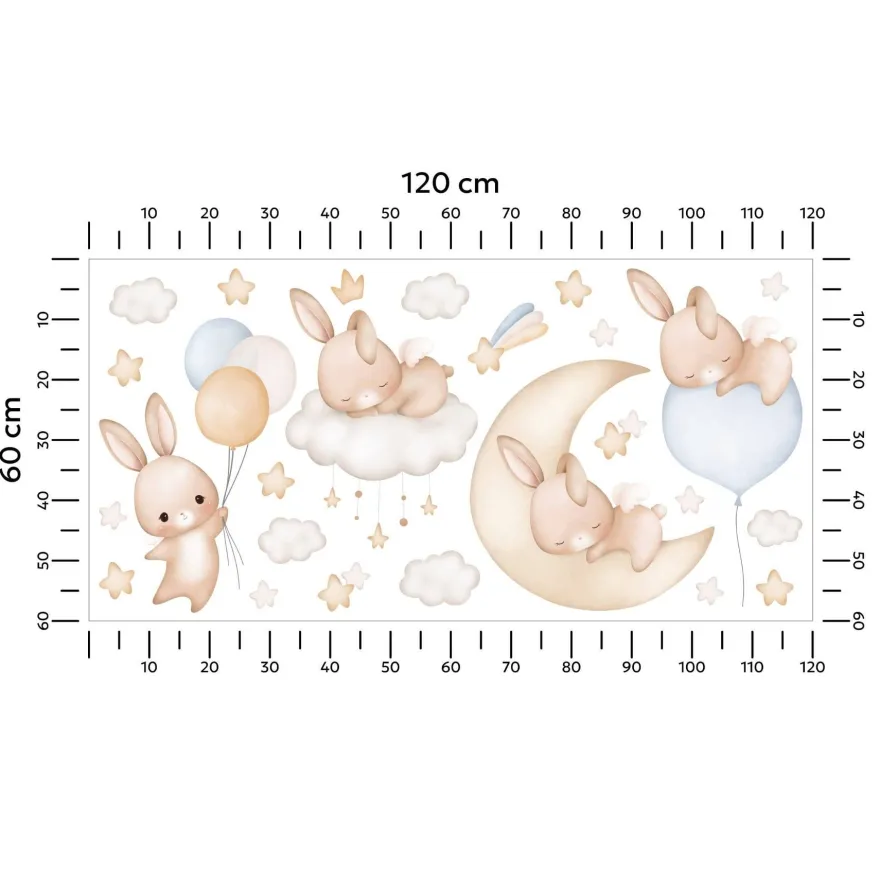 Muralo Aufkleber Set für Kinderzimmer Kaninchen Wolken Sterne Wandstickers für Kinder