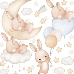 Muralo Aufkleber Set für Kinderzimmer Kaninchen Wolken Sterne Wandstickers für Kinder