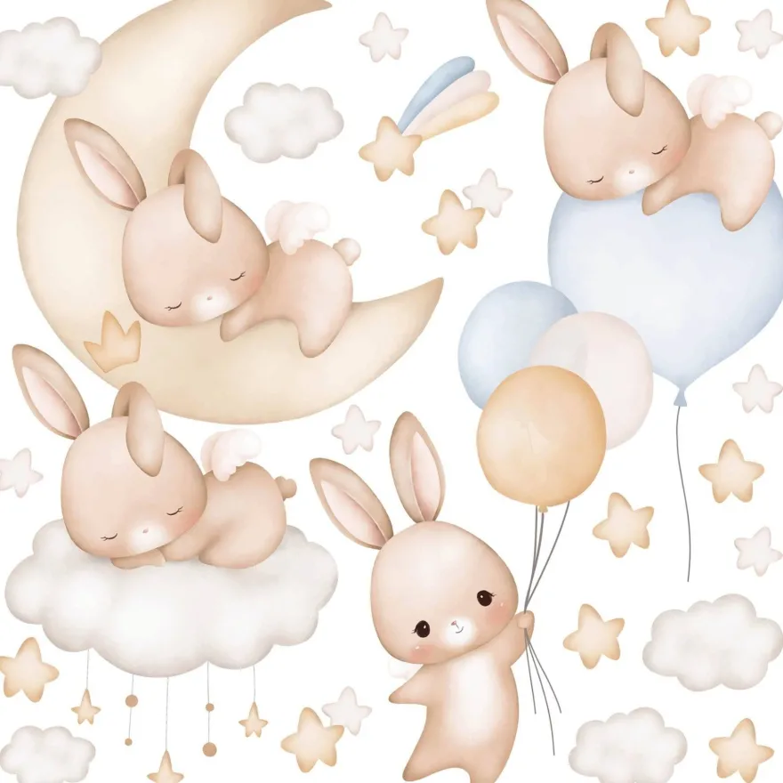 Muralo Aufkleber Set für Kinderzimmer Kaninchen Wolken Sterne Wandstickers für Kinder