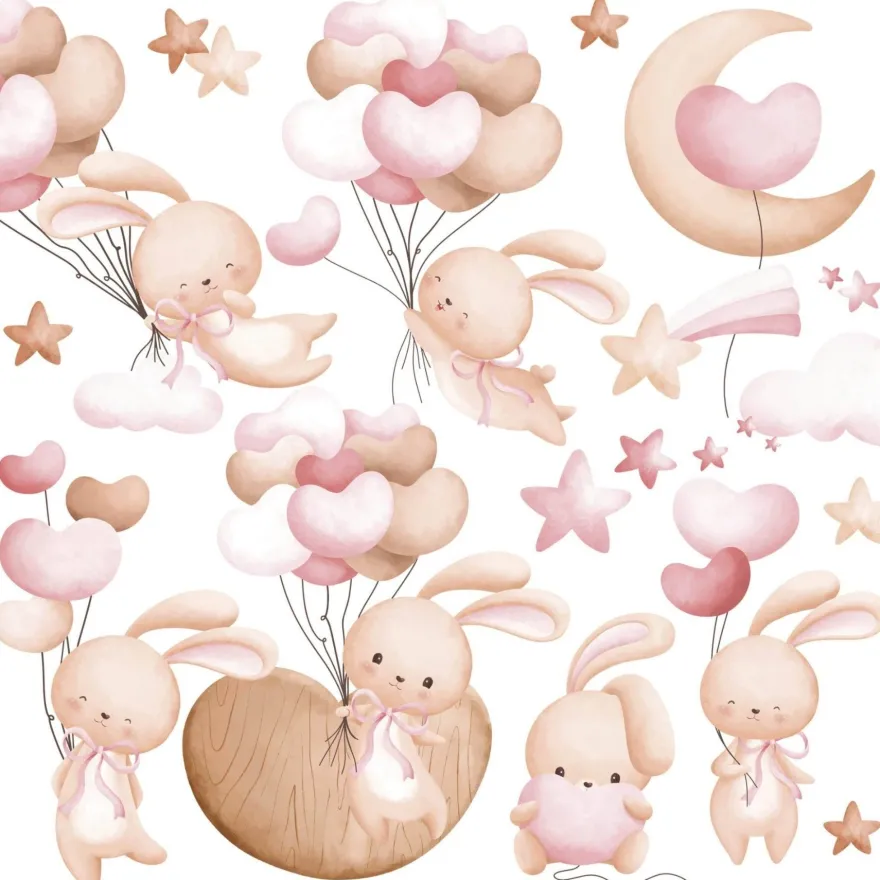 Muralo Aufkleber Set für Kinderzimmer Kaninchen Wolken Sterne Wandstickers für Kinder