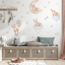Muralo Aufkleber Set für Kinderzimmer Kaninchen Wolken Sterne Wandstickers für Kinder