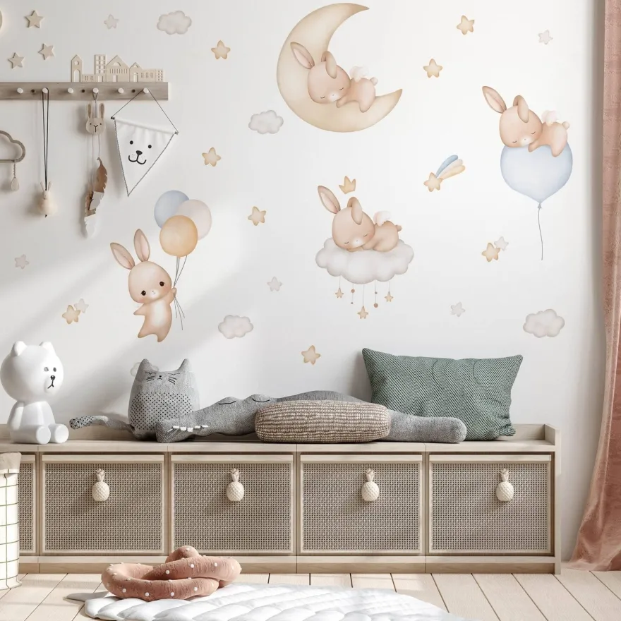 Muralo Aufkleber Set für Kinderzimmer Kaninchen Wolken Sterne Wandstickers für Kinder