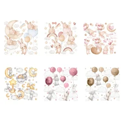 Muralo Aufkleber Set für Kinderzimmer Kaninchen Wolken Sterne Wandstickers für Kinder