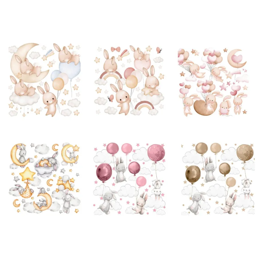 Muralo Aufkleber Set für Kinderzimmer Kaninchen Wolken Sterne Wandstickers für Kinder