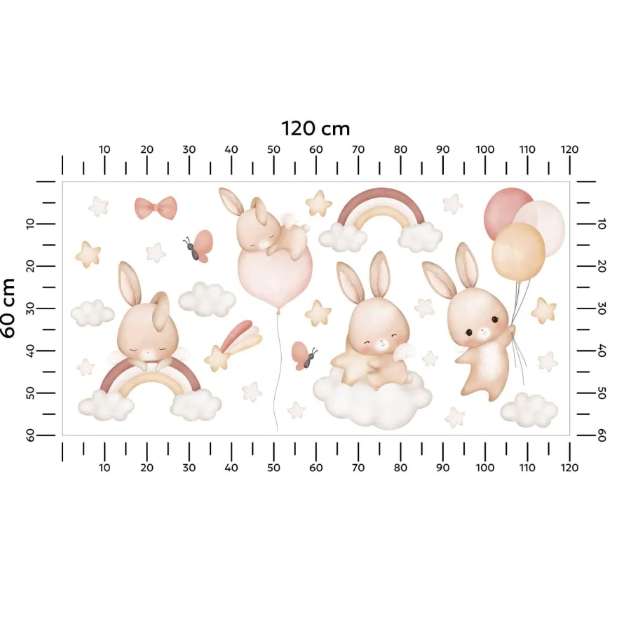 Muralo Aufkleber Set für Kinderzimmer Kaninchen Wolken Sterne Wandstickers für Kinder