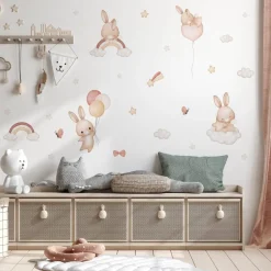Muralo Aufkleber Set für Kinderzimmer Kaninchen Wolken Sterne Wandstickers für Kinder