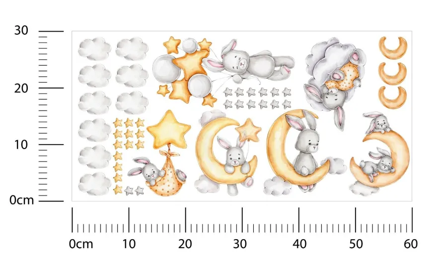 Muralo Aufkleber Set für Kinderzimmer Kaninchen Wolken Sterne Wandstickers für Kinder