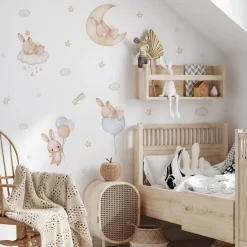 Muralo Aufkleber Set für Kinderzimmer Kaninchen Wolken Sterne Wandstickers für Kinder