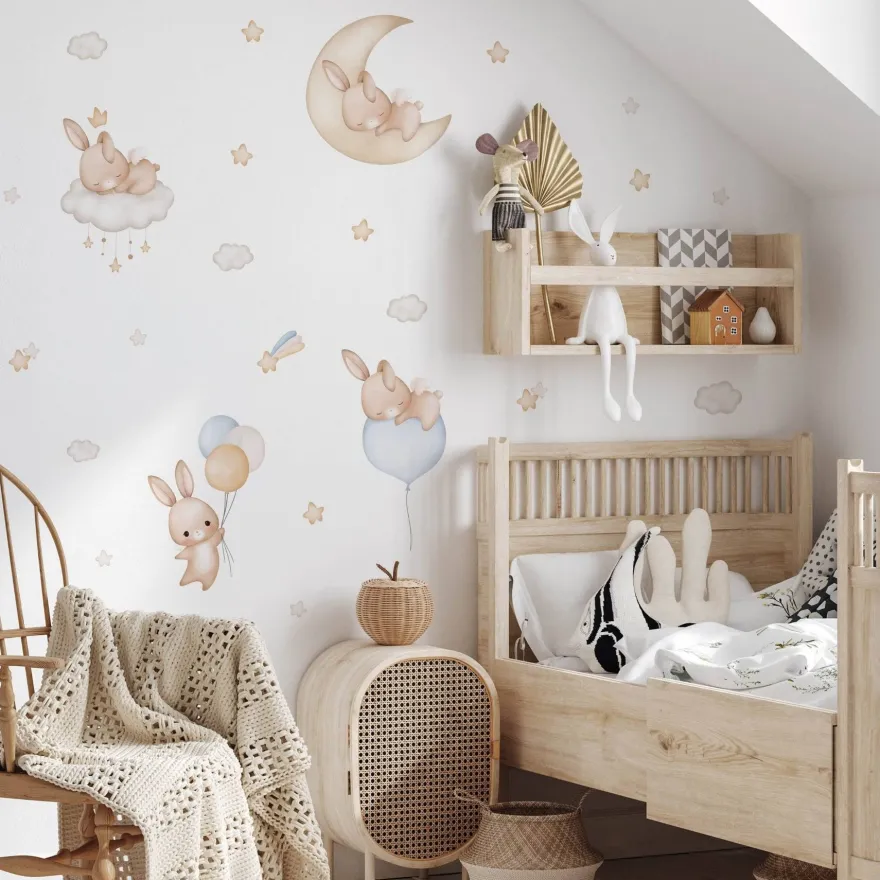 Muralo Aufkleber Set für Kinderzimmer Kaninchen Wolken Sterne Wandstickers für Kinder