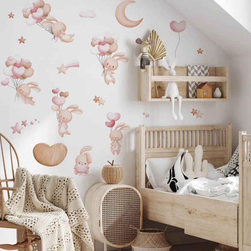 Muralo Aufkleber Set für Kinderzimmer Kaninchen Wolken Sterne Wandstickers für Kinder