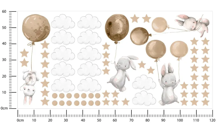 Muralo Aufkleber Set für Kinderzimmer Kaninchen Wolken Sterne Wandstickers für Kinder
