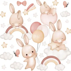 Muralo Aufkleber Set für Kinderzimmer Kaninchen Wolken Sterne Wandstickers für Kinder