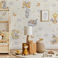Muralo Aufkleber Set für Kinderzimmer Kaninchen Wolken Sterne Wandstickers für Kinder
