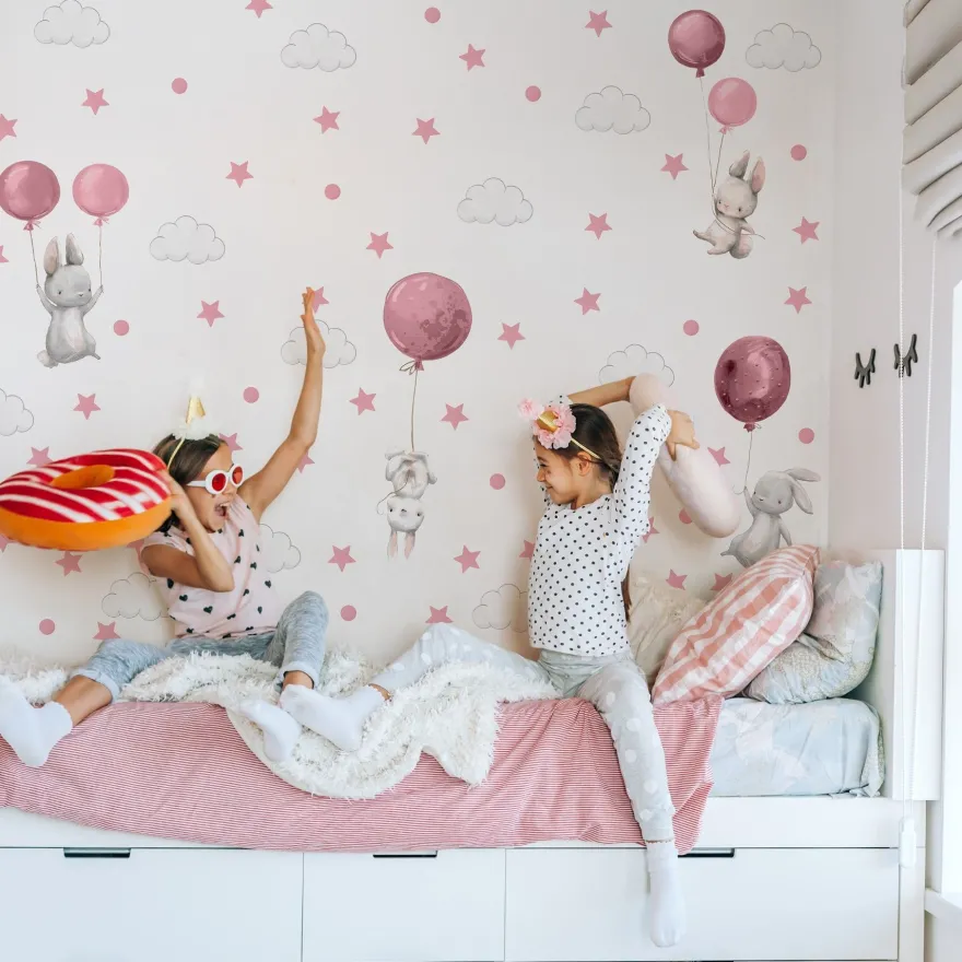 Muralo Aufkleber Set für Kinderzimmer Kaninchen Wolken Sterne Wandstickers für Kinder