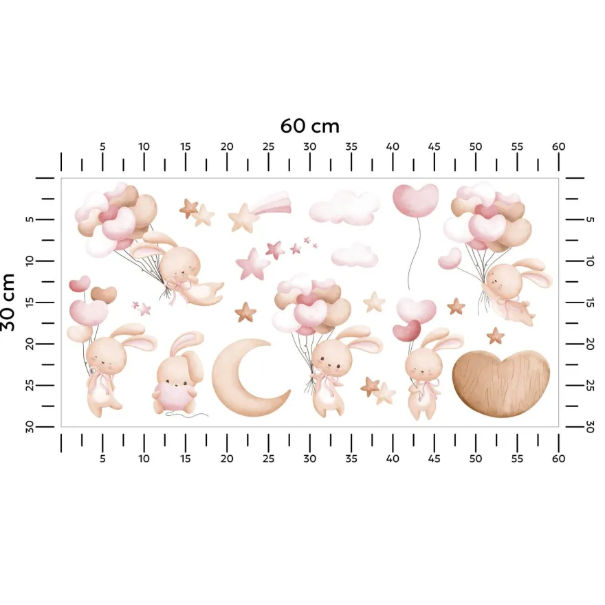 Muralo Aufkleber Set für Kinderzimmer Kaninchen Wolken Sterne Wandstickers für Kinder
